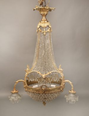 A Nice Late 19th Century Gilt Bronze Beaded Basket Nine Light Chandelier