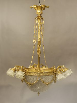 An Exceptional Late 19th Century Gilt Bronze and Crystal Fourteen Light Basket Chandelier