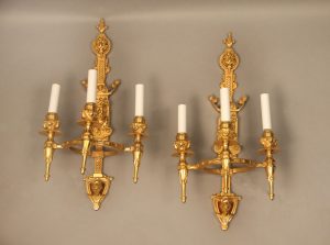 An Interesting Pair of Late 19th Century Gilt Bronze Three Light Sconces