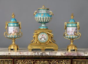 Late 19th Century Gilt Bronze and Turquoise Sèvres Style Porcelain 'Jeweled' Three Piece Clock Set