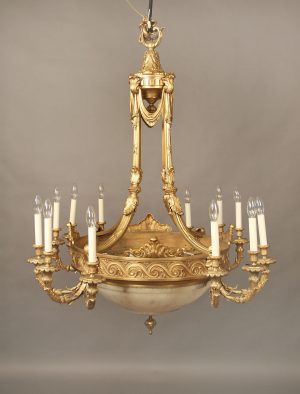 A Fine Late 19th Century Gilt Bronze and Alabaster Sixteen Light Chandelier