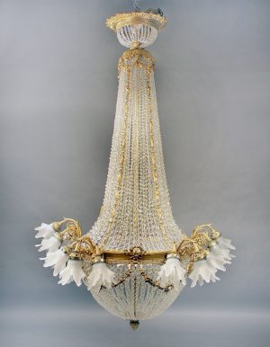 A Large and Impressive Late 19th Century Gilt Bronze and Beaded Twenty Nine Light Basket Chandelier