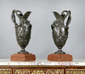 A Pair of Late 19th Century French Bronze and Griotte Uni Marble Ewers After Claude-Michel Clodion