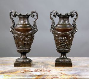 A Pair of Late 19th Century Patinated Bronze Vases After Claude-Michel Clodion