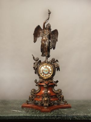 A Large and Important Late 19th Century Gilt and Patinated Bronze, French Champlevé Enamel and Wood Mantle Clock
