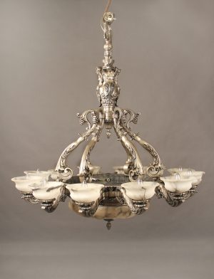 An Interesting Late 19th Century Silvered Bronze and Alabaster Sixteen Light Chandelier