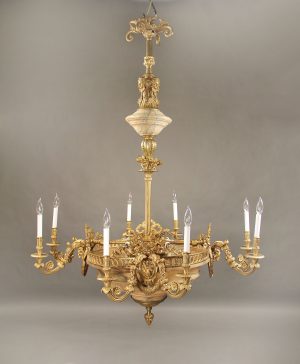 A Nice Late 19th Century Gilt Bronze and Alabaster Sixteen Light Chandelier