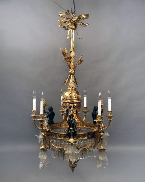 A Unique Late 19th/Early 20th Century Gilt & Patina Bronze, Crystal and Wedgwood Porcelain Thirteen Light Chandelier