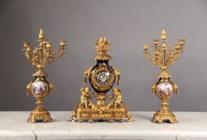 Late 19th Century Gilt Bronze Mounted Three Piece Cobalt Blue Sèvres Style Clock Set