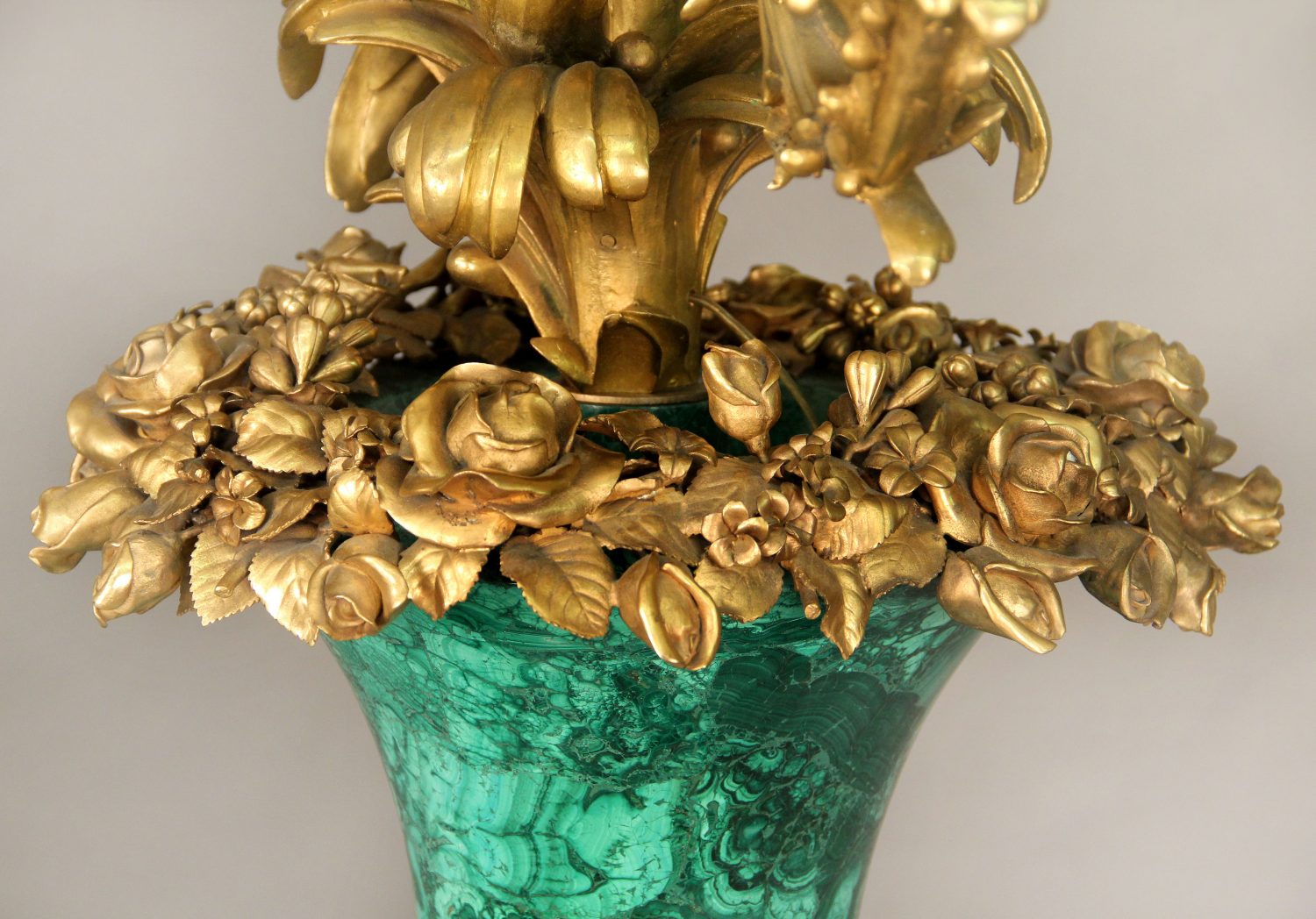 A Rare and Palatial Pair of Mid 20th Century Gilt Bronze and Malachite Six Light Torcheres - Image 3