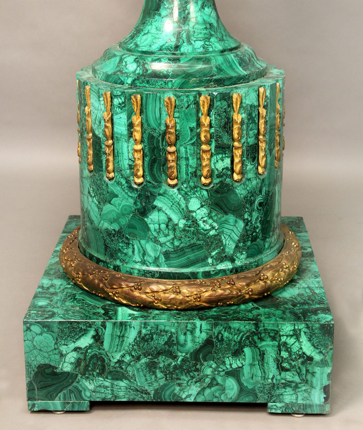 A Rare and Palatial Pair of Mid 20th Century Gilt Bronze and Malachite Six Light Torcheres - Image 6