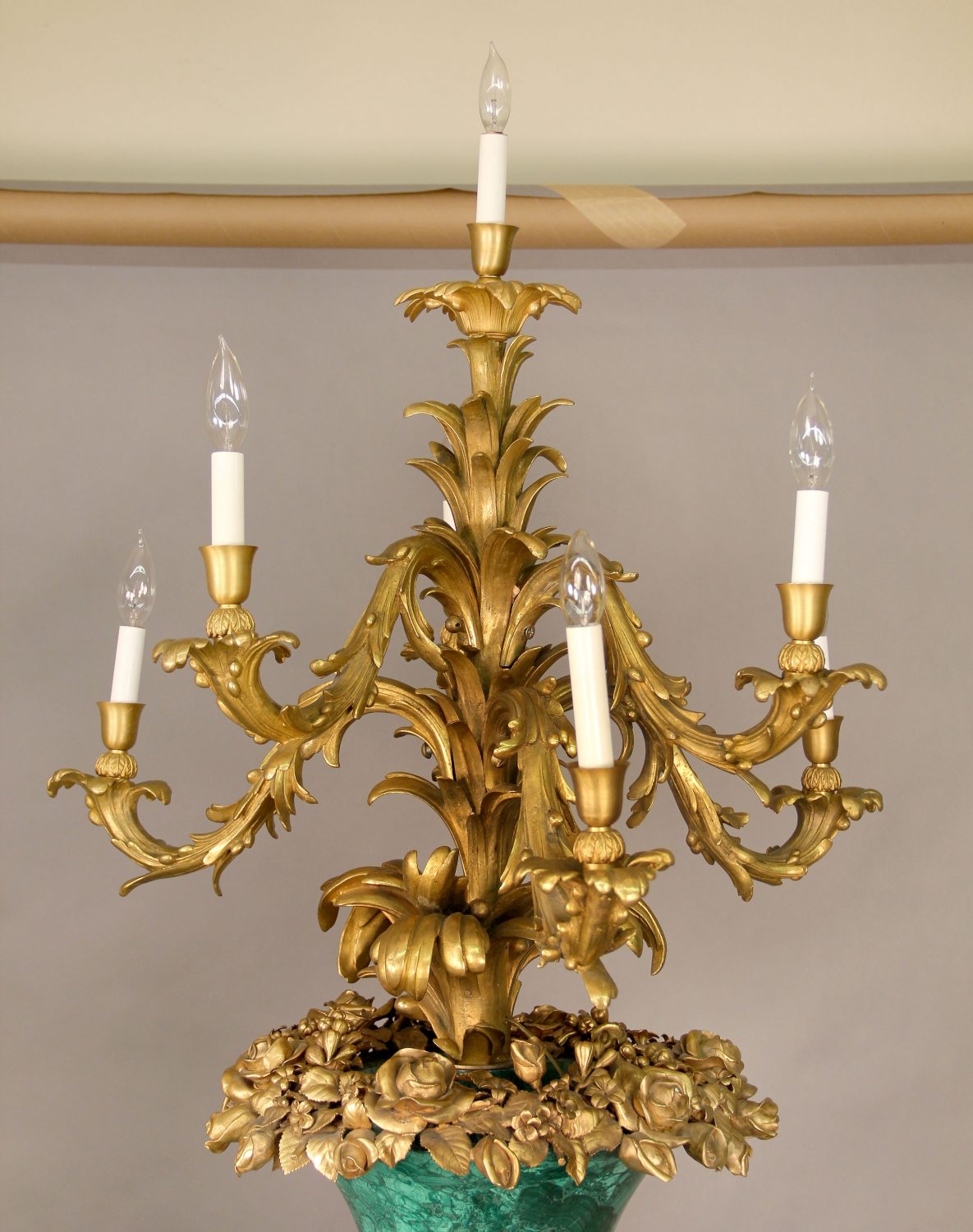 A Rare and Palatial Pair of Mid 20th Century Gilt Bronze and Malachite Six Light Torcheres - Image 2