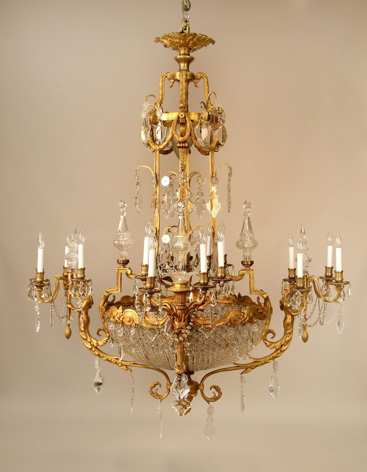 An Exceptional Late 19th Century Gilt Bronze And Cut Crystal Twenty Four Light Basket Chandelier