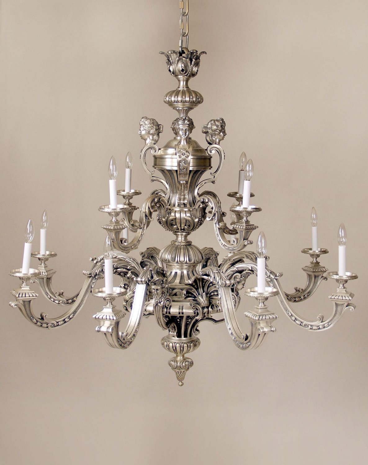A Fantastic Late 19th Century Silvered Bronze Twelve Light Chandelier