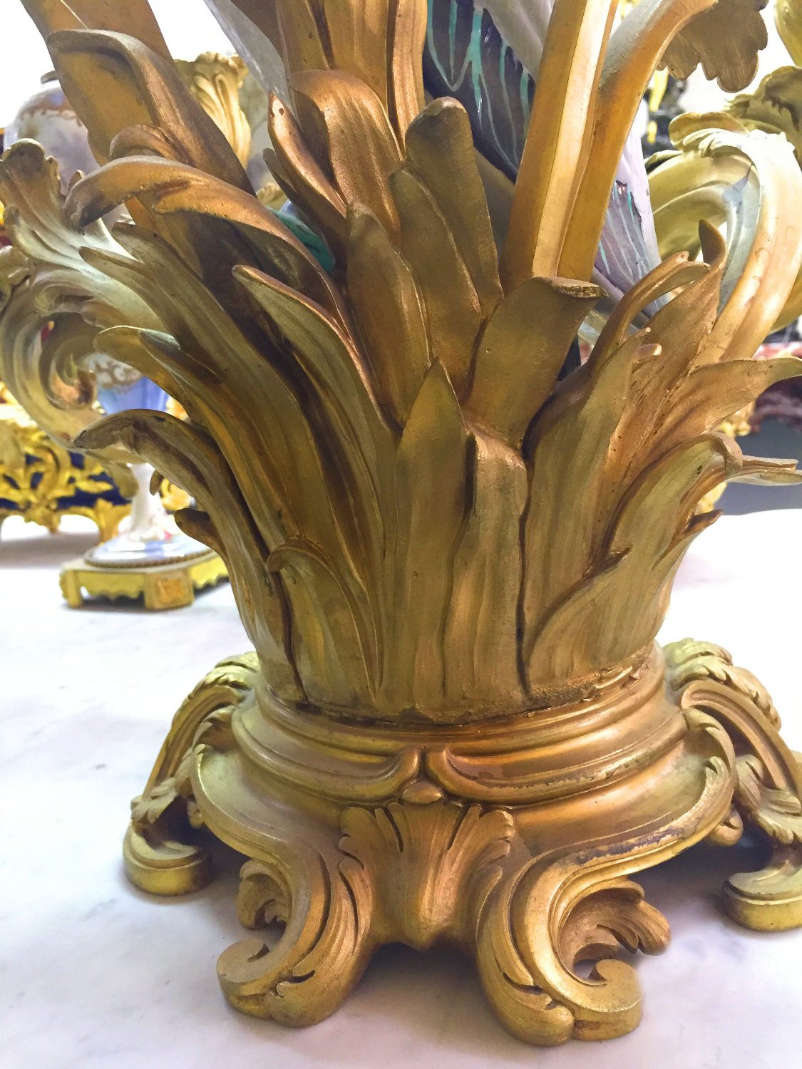 A Lovely and Impressive Pair of Continental Gilt Bronze Mounted Porcelain Five Light Candelabra - Image 5