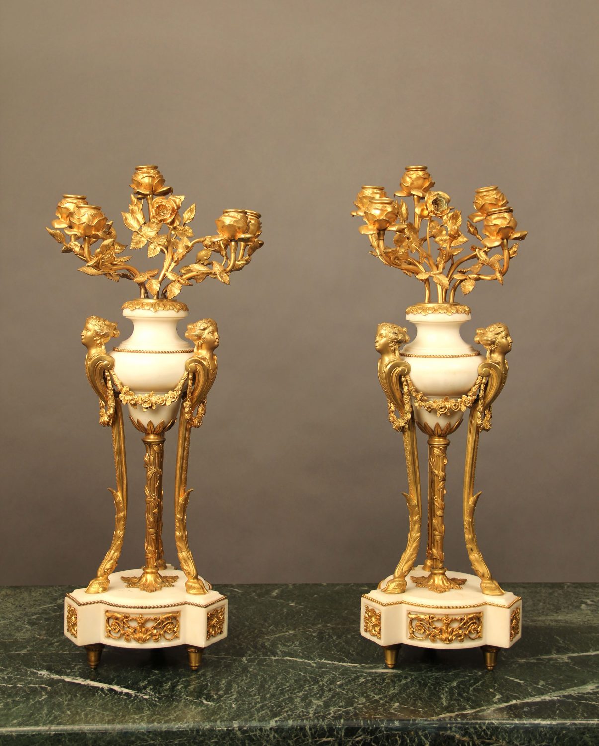 Pair of Late 19th Century Gilt Bronze and White Marble Five Light Candelabra