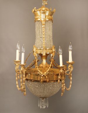 An Interesting Late 19th Century Gilt Bronze and Crystal Fifteen Light Basket Chandelier