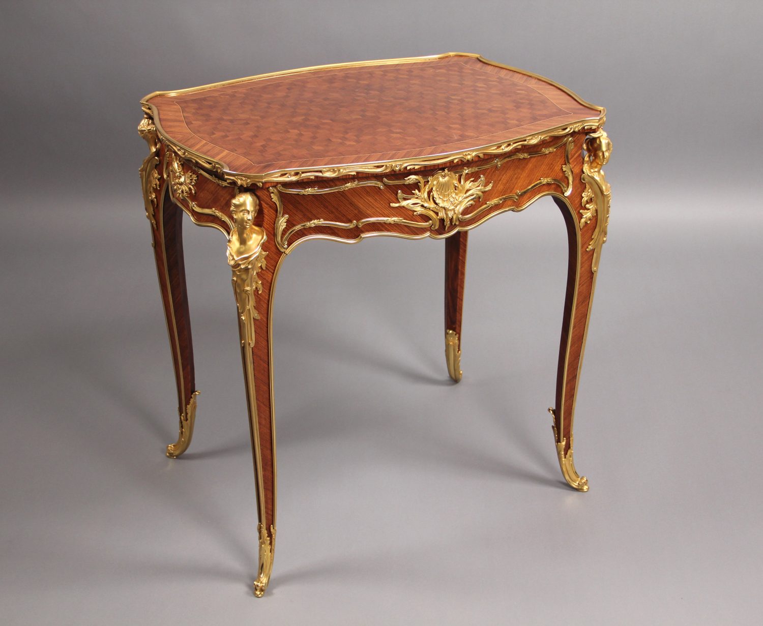 A Very Fine Late 19th Century Louis XV Style Gilt Bronze Mounted Parquetry Lamp Table