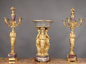 A Fantastic Late 19th Century Empire Style Gilt Bronze and Fleur De Pecher Marble 3 Piece Garniture