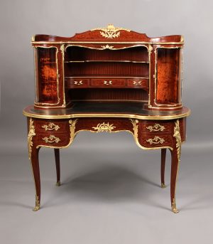 A Rare and Very Special Late 19th Century Louis XV Style Gilt Bronze Mounted Two Tier Kidney Shaped Bureau By François Linke