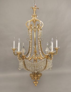 A Wonderful Late 19th Century Gilt Bronze and Beaded Net Basket Ten Light Chandelier