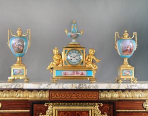 A Wonderful and Important Mid 19th Century Gilt Bronze and Turquoise Sèvres Porcelain 'Jeweled' Three Piece Clock Set