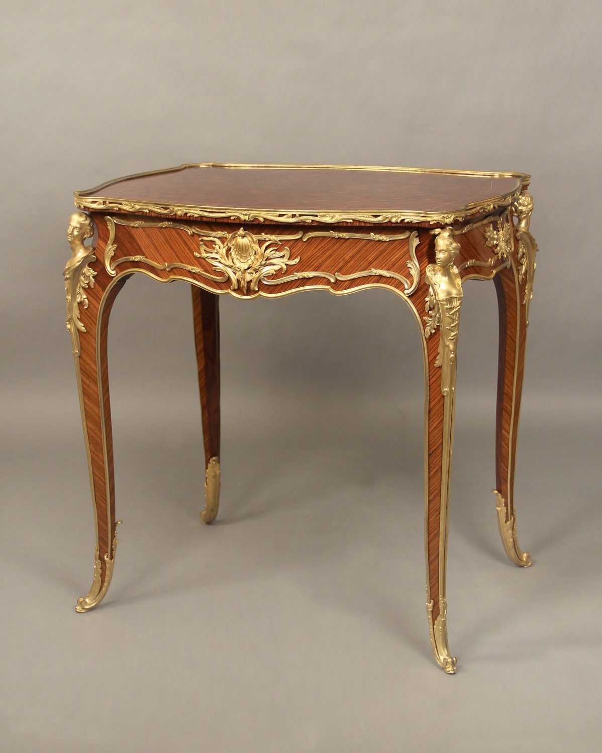 A Magnificent Late 19th Century Louis XV Style Gilt Bronze Mounted Parquetry Lamp Table