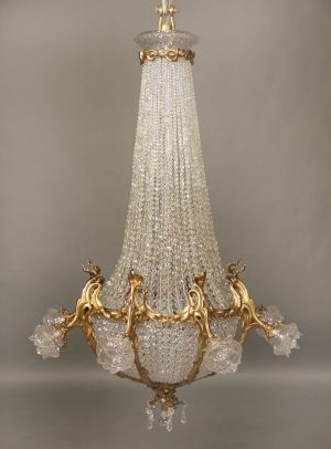 A Nice Early 20th Century Gilt Bronze and Crystal Sixteen Light Basket Chandelier