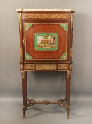 A Beautiful Late 19th Century Louis XVI Style Gilt Bronze and Sèvres Style Porcelain Mounted Parquetry Cabinet
