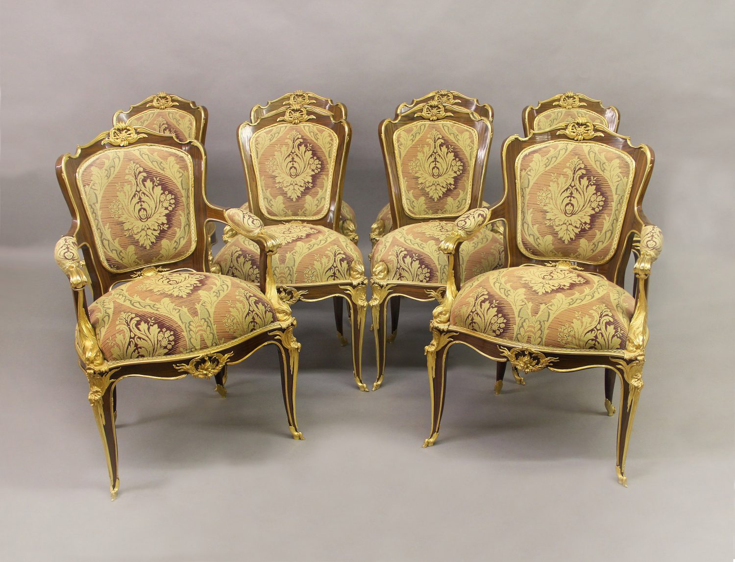 A Wonderful Modern Set of Eight Louis XV Style Gilt Bronze Mounted Dining Chairs After François Linke