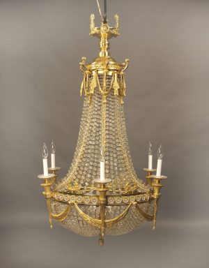 A Fine Late 19th Century Gilt Bronze and Beaded Basket Eighteen Light Baccarat Crystal Chandelier