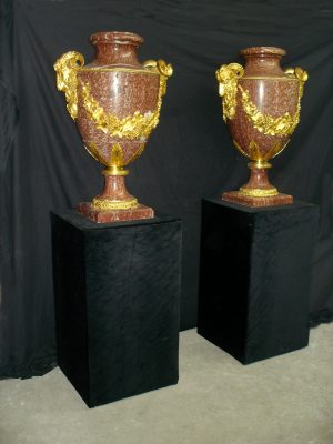 A Pair of Late 19th Century Palatial Gilt Bronze Mounted Rouge Royal Marble Urns