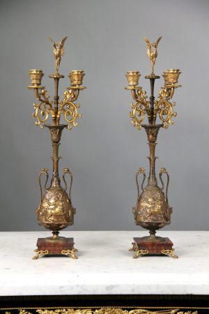 A Very Fine Pair of Late 19th Century Napoleon III Rouge Griotte Marble and Patinated Bronze Four Light Candelabra By F. Levillian and F. Barbedienne