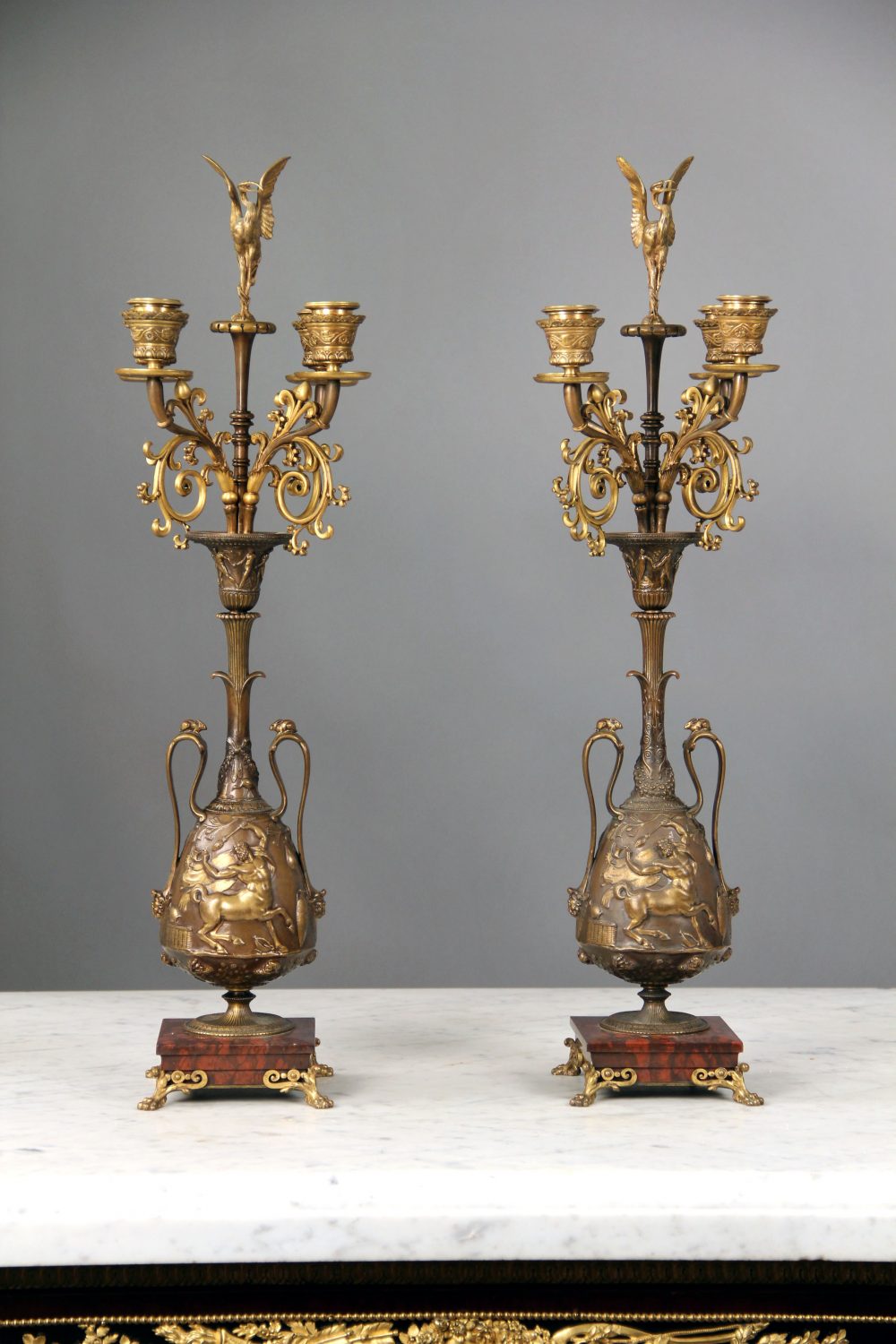 A Very Fine Pair of Late 19th Century Napoleon III Rouge Griotte Marble and Patinated Bronze Four Light Candelabra By F. Levillian and F. Barbedienne