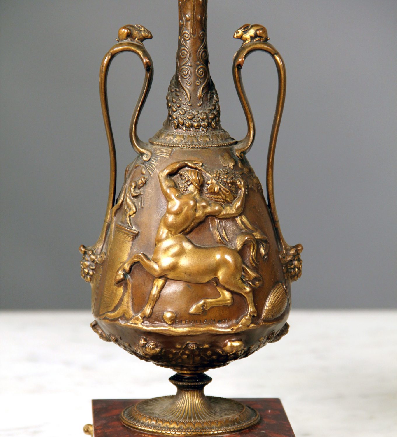A Very Fine Pair of Late 19th Century Napoleon III Rouge Griotte Marble and Patinated Bronze Four Light Candelabra By F. Levillian and F. Barbedienne - Image 3