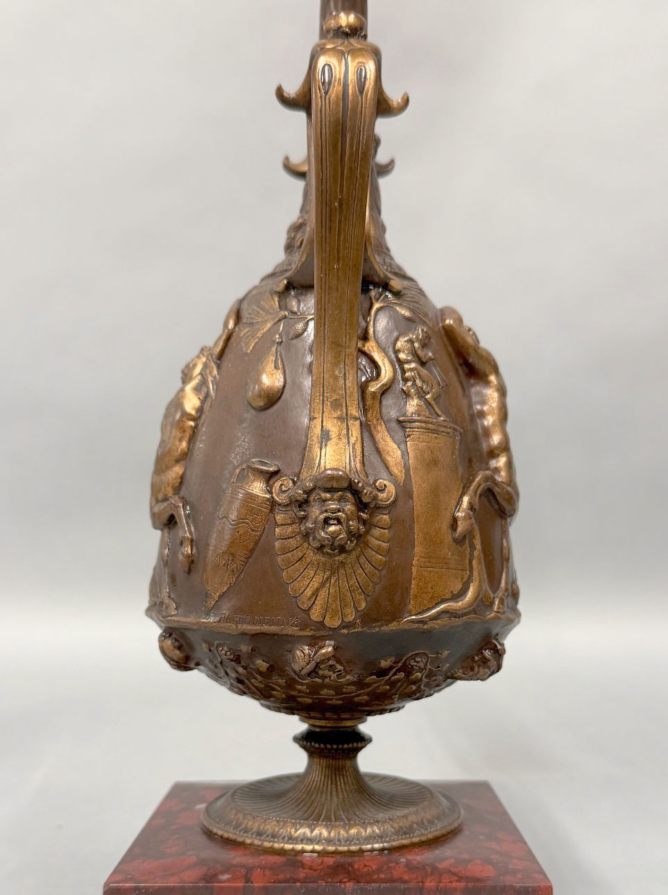 A Very Fine Pair of Late 19th Century Napoleon III Rouge Griotte Marble and Patinated Bronze Four Light Candelabra By F. Levillian and F. Barbedienne - Image 4