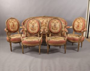 A Beautiful Late 19th Century Louis XVI Style 5 Piece Carved Giltwood Aubusson Tapestry Parlor Set