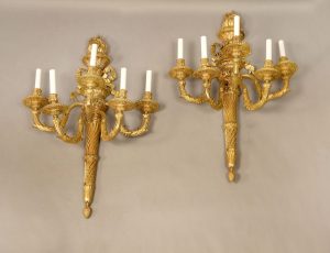 A Very Fine Pair of Early 20th Century Gilt Bronze Five Light Sconces