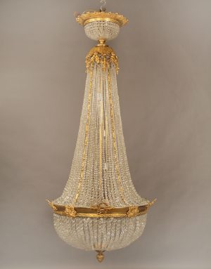 A Lovely Late 19th/Early 20th Century Gilt Bronze and Beaded Twenty Light Basket Chandelier