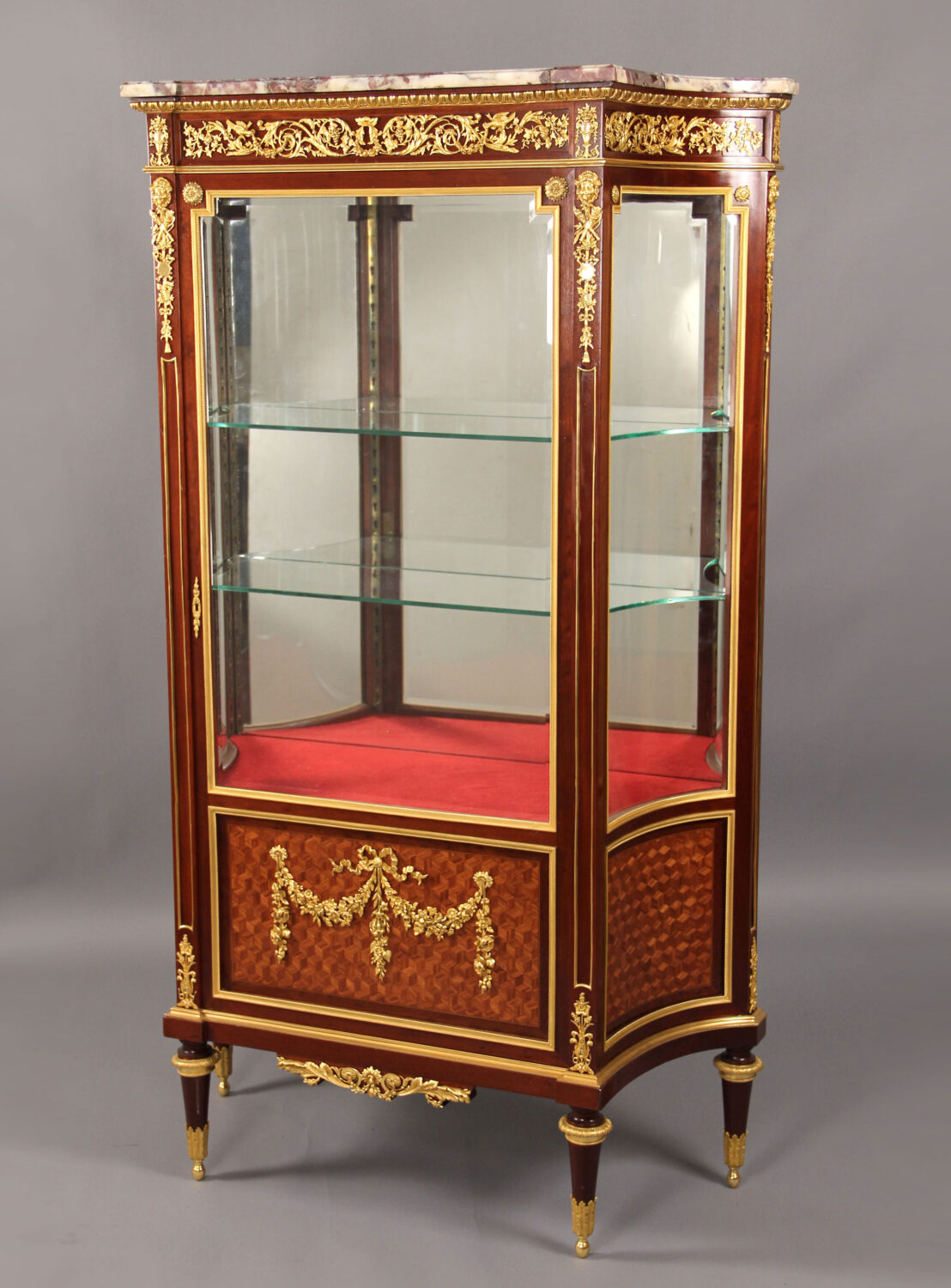 An Exceptional Early 20th Century Louis XVI Style Gilt Bronze Mounted Parquetry Vitrine By François Linke