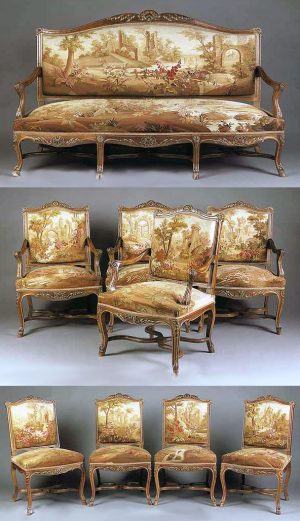 A Fantastic Late 19th Century Nine Piece Louis XV Style Parcel Gilt Carved Walnut and Aubusson Tapestry Parlor Set