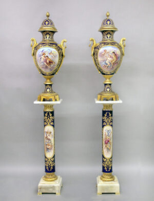 A Spectacular Set of Late 19th Century Gilt Bronze Mounted Sèvres Style Vases and Pedestals