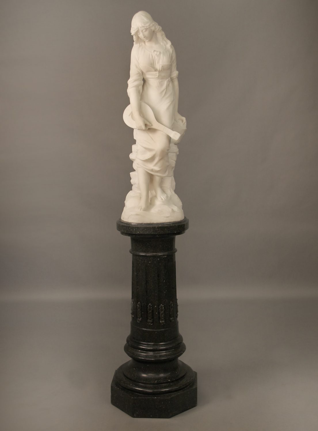 A Beautiful Late 19th Century French White Carrara Marble of a Woman and Her Mandolin By Paul Fournier