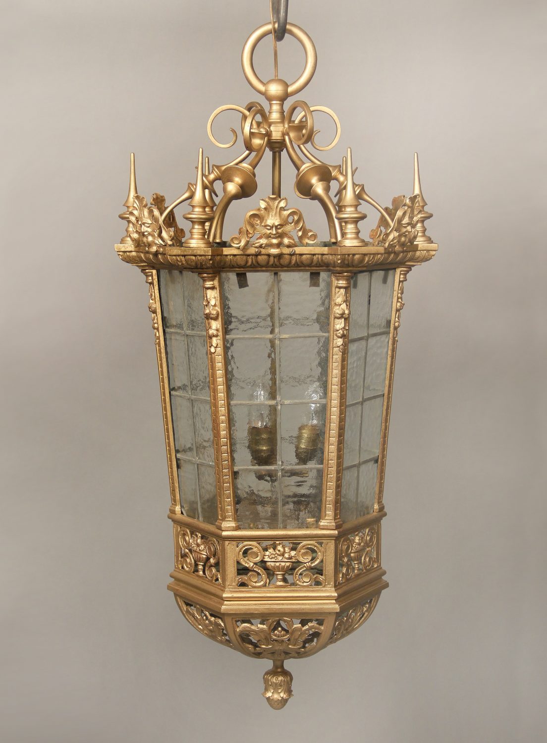 An Interesting Late 19th Century Gilt Bronze and Rippled Glass Gothic Lantern