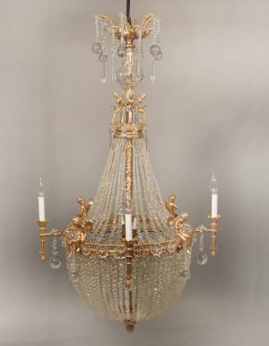 A Fine Early 20th Century Gilt Bronze and Crystal Ten Light Basket Chandelier