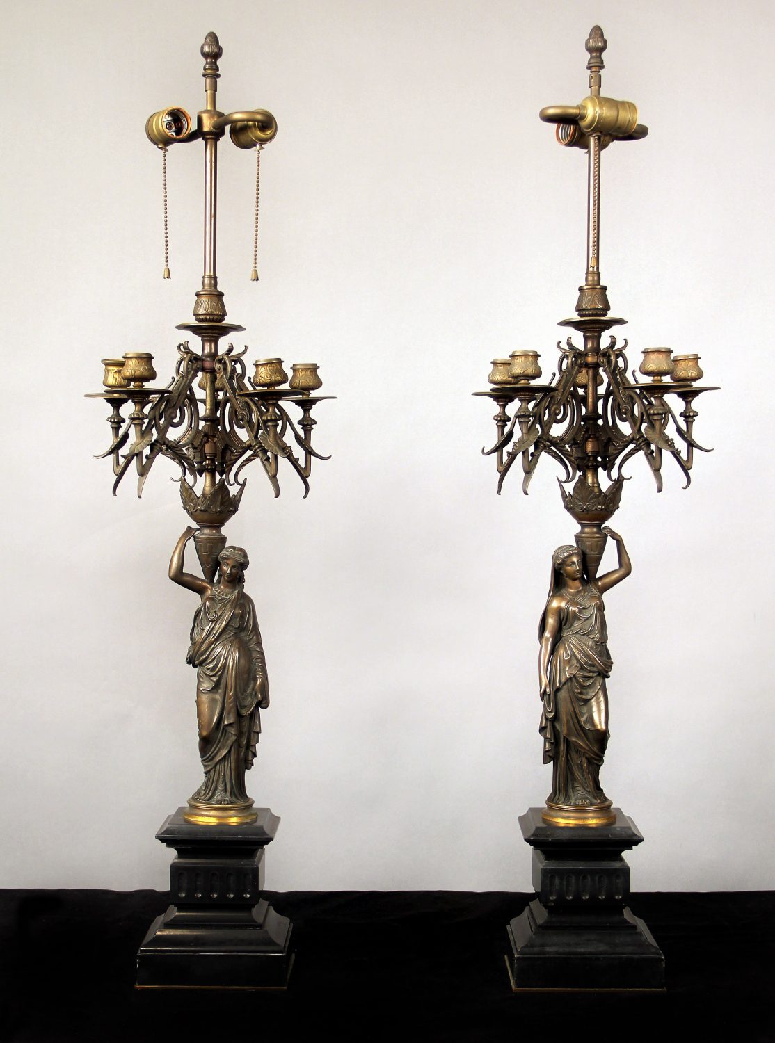 A Nice Pair of Late 19th Century Patina Bronze Two Light Figural Candelabra Lamps