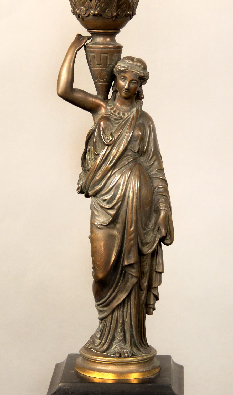 A Nice Pair of Late 19th Century Patina Bronze Two Light Figural Candelabra Lamps - Image 3