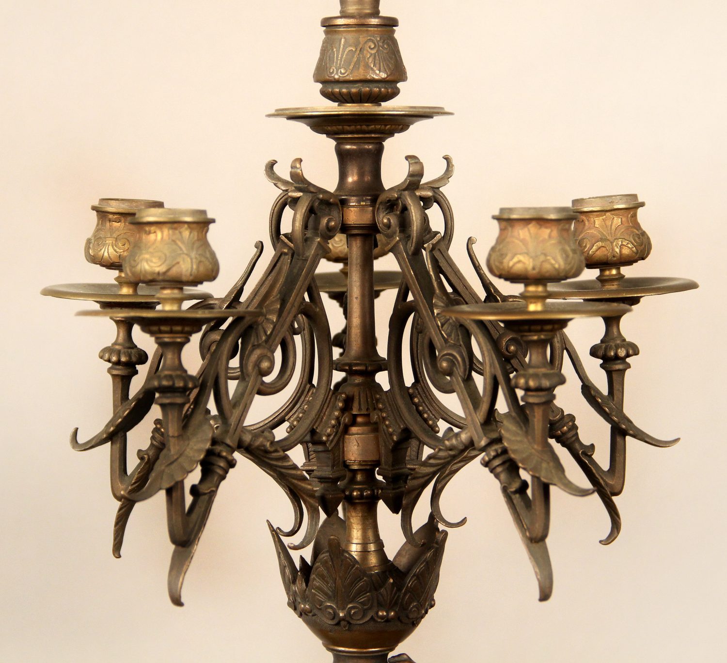 A Nice Pair of Late 19th Century Patina Bronze Two Light Figural Candelabra Lamps - Image 4