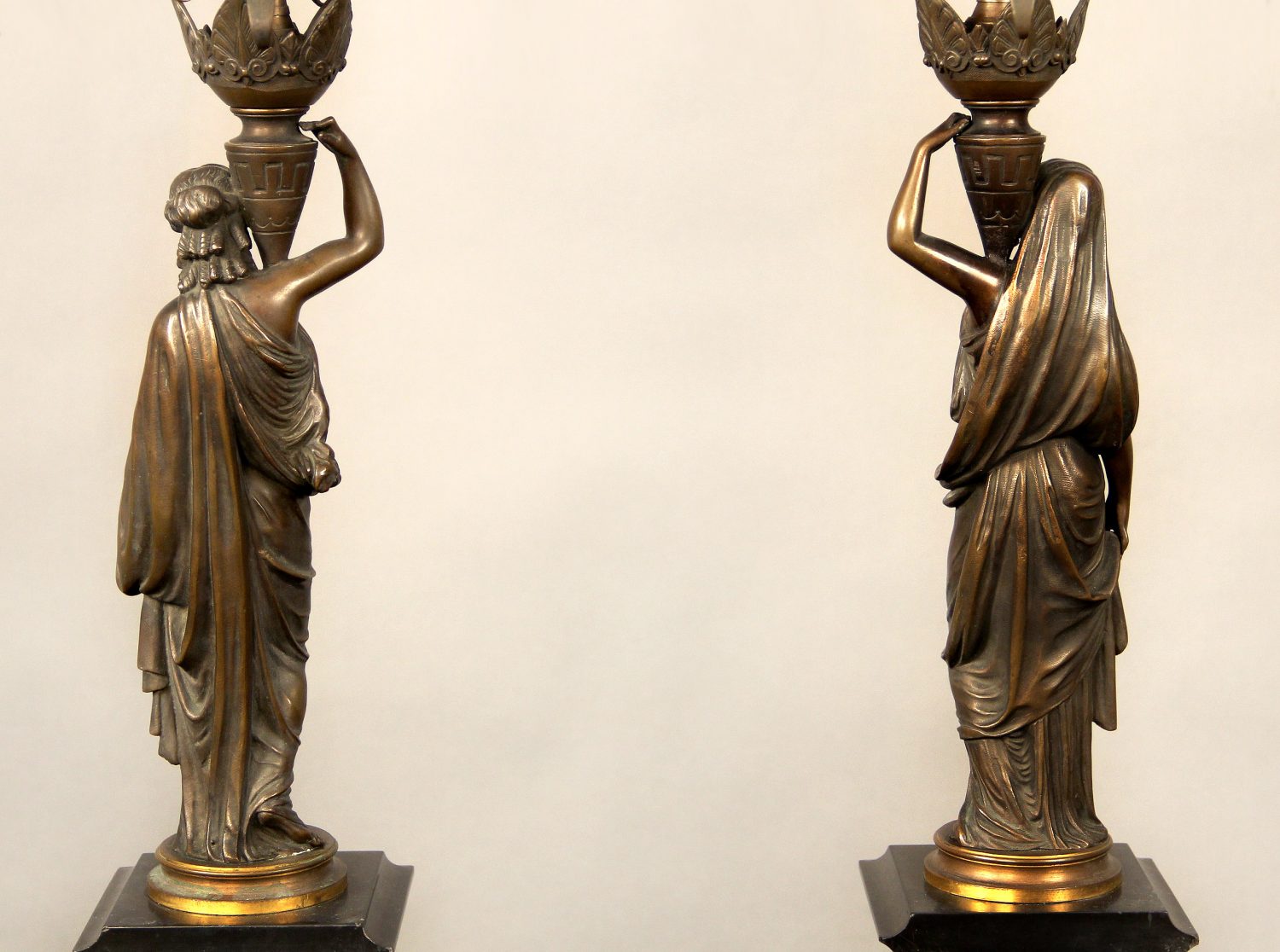 A Nice Pair of Late 19th Century Patina Bronze Two Light Figural Candelabra Lamps - Image 5