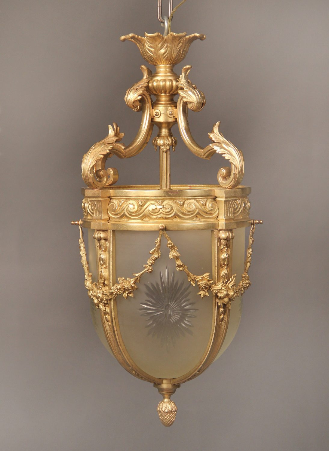 A Late 19th/Early 20th Century Gilt Bronze and Etched Frosted Glass Hall Lantern